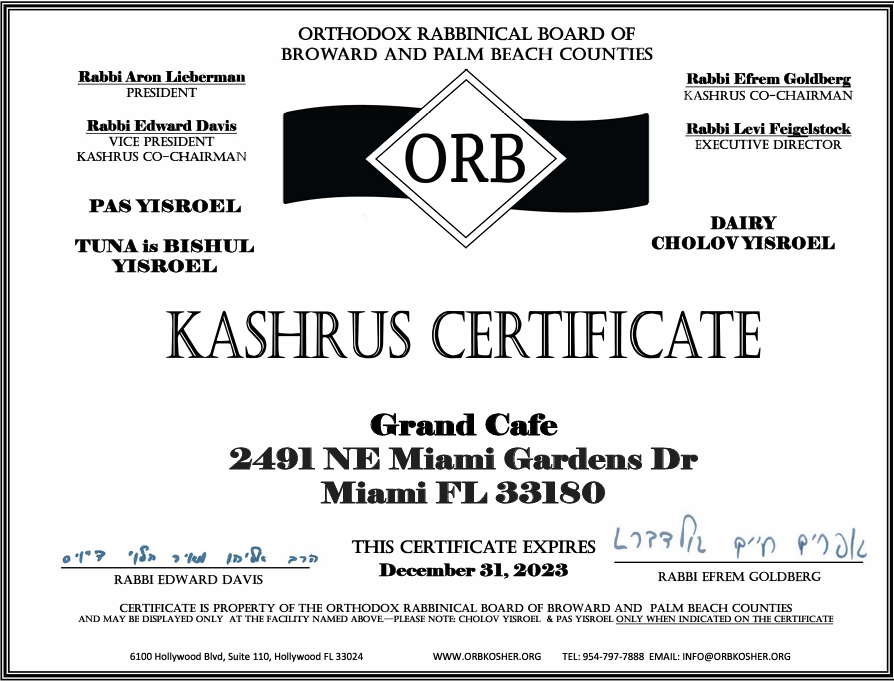 Kosher Aventura Certificate
