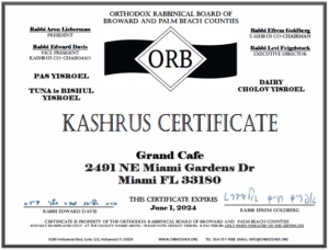 Grand Cafe Kosher Certificate - Aventura