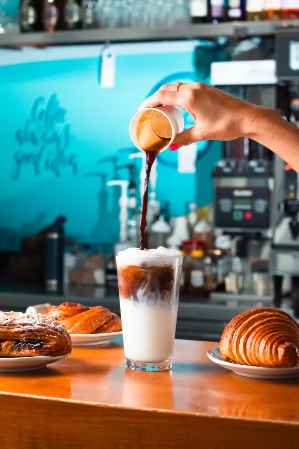 Iced latte and croissants at Grand Cafe kosher cafe
