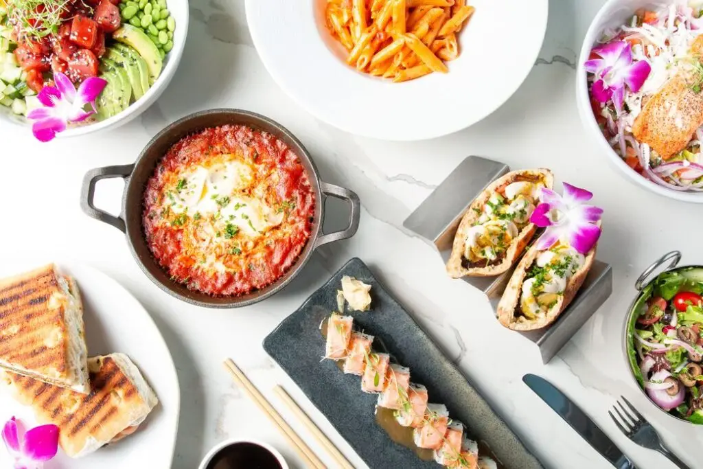 Kosher food spread at Grand Cafe, a kosher restaurant in Aventura